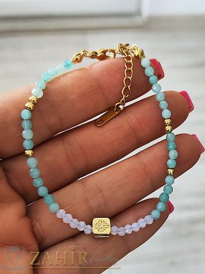 Мега яка гривна за ръка или глезен от естествен амазонит и лунен камък 3 мм топче ,стоманени елементи, закопчалка и удължител - GA3098